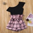 thumbnail image 6 of Douhoow 2-7Y Girls Summer Clothes Set Black Ruffle One Shoulder T-shirt High Waist Plaid Shorts, 6 of 8