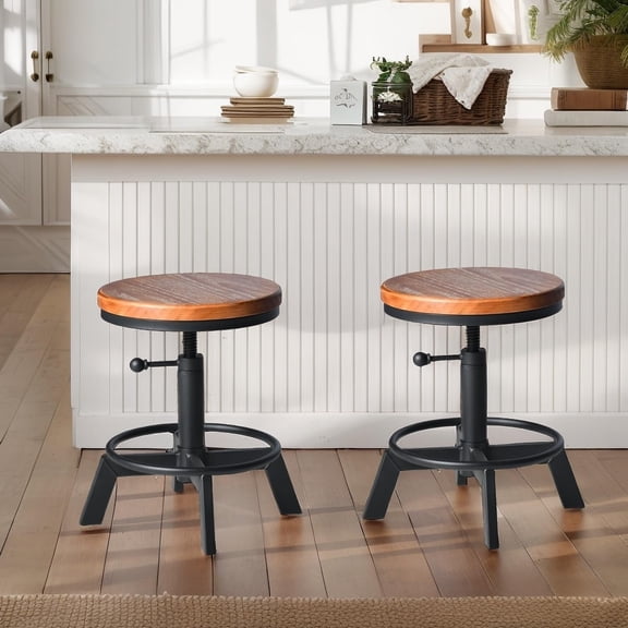 Set of 2 Industrial Bar Stools Short Stool Swivel Wooden Seat Kitchen  Chairs Counter Height Adjustable 15.2-21inch