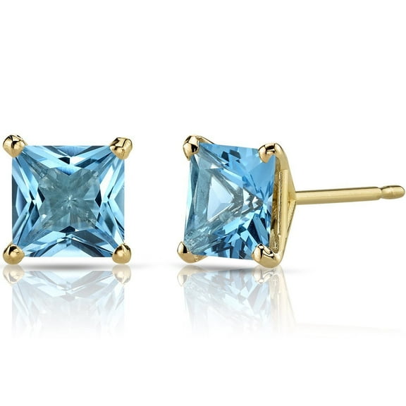 Peora 14K Yellow Gold Swiss Blue Topaz Stud Earrings for Women, Genuine Gemstone Solitaire Princess Cut, 6mm, 2.50 Carats total, Friction Back