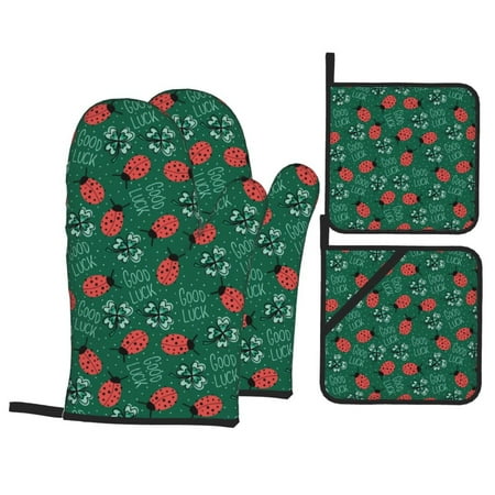 

Oven Mitts and Pot Holders Sets 4 pcs - Good Luck Ladybug Heat Resistant Silicone Oven Gloves with Non-Slip Silicone Surface and hot pads for kitchen Baking Cooking BBQ