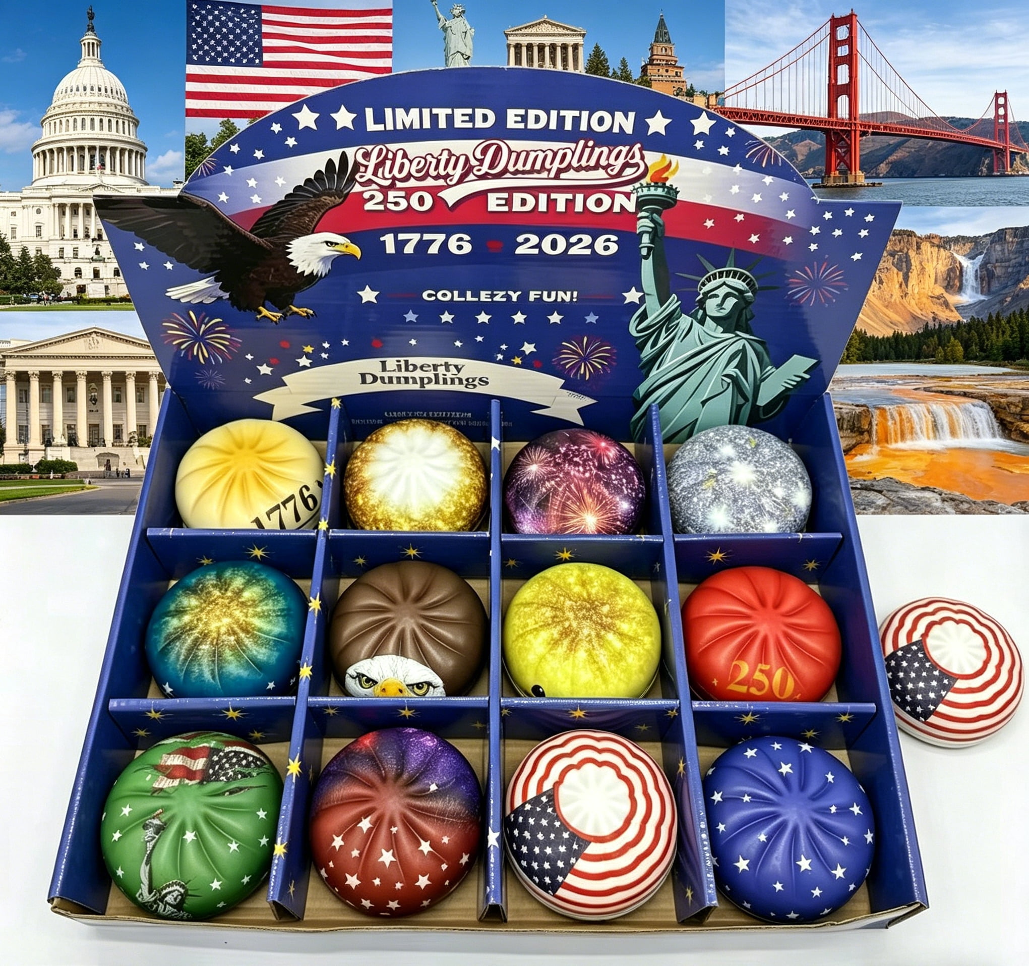 12 Pcs Liberty Dumplings 1776-2026 USA 250 Year Anniversary Dumpling Squishies, Squishy Fidget Fidget Toys for Anxiety Relief, 250 Anniversary USA Giant Glitter Dumplings Box for Adults (Muticolor)