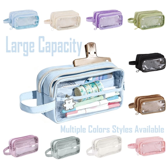 Lzobxe Pencil Pouch Large Capacity Pencil Case with Zipper and Clear Window, Stationery Holder Cosmetic Bag with Handle for College, Office, Travel