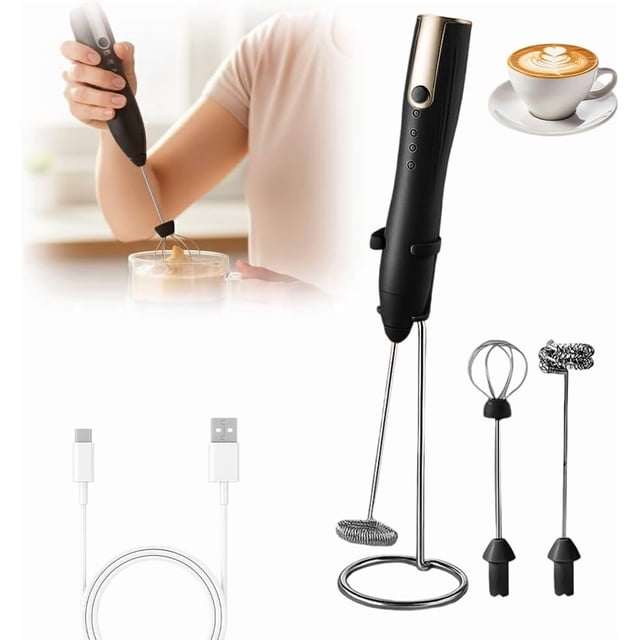 Rechargeable Milk Frother Handheld, 3-Speed for Latte & Hot Chocolate (Black)