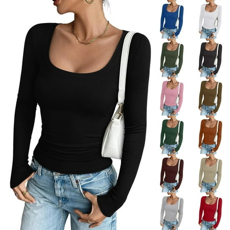 idosla Women's Long Sleeve Scoop Neck Shirts Casual Slim Fit Rib Knit Tops Summer Fall Basic Business Work Tee (Light Gray, XL)