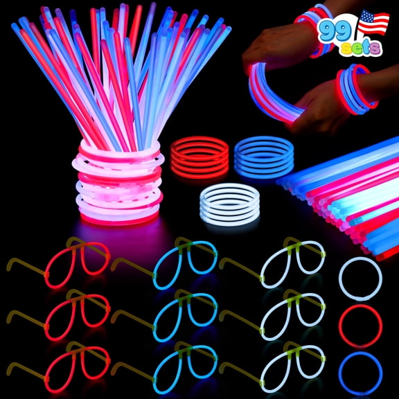 Joyfy 99pcs July 4th Glow Sticks Bracelets Necklaces Glasses, Red White and Blue Patriotic Glow Sticks Bulk, Glow in the Dark Party Favors for Kids Adults, Independence Day Parade