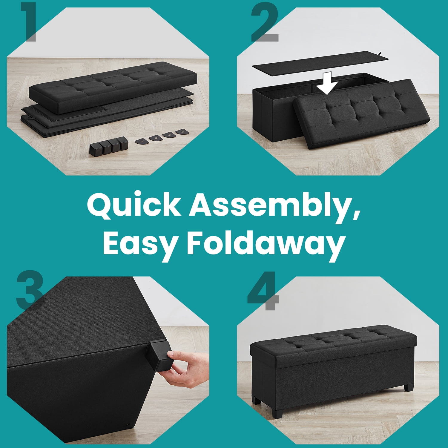 LEDREM 43" Storage Ottoman Bench with 660lb Capacity, End of Bed Bench, Folding Ottoman with Storage, Footrest, Ink Black