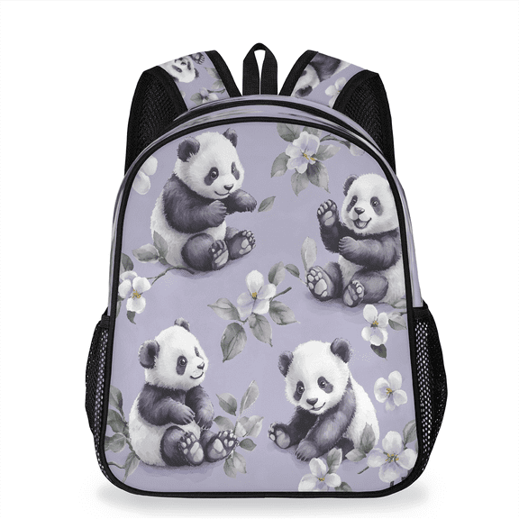 Jiaoprinted Cute Pandas Backpack, Lightweight Casual Daypack with Chest Strap & Water Bottle Pockets, White Flowers Sports Travel Bag for Work