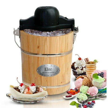 Maxi Matic Elite Gourmet 6 qt Old Fashioned Pine Bucket Electric Manual Ice Cream Maker, Wood