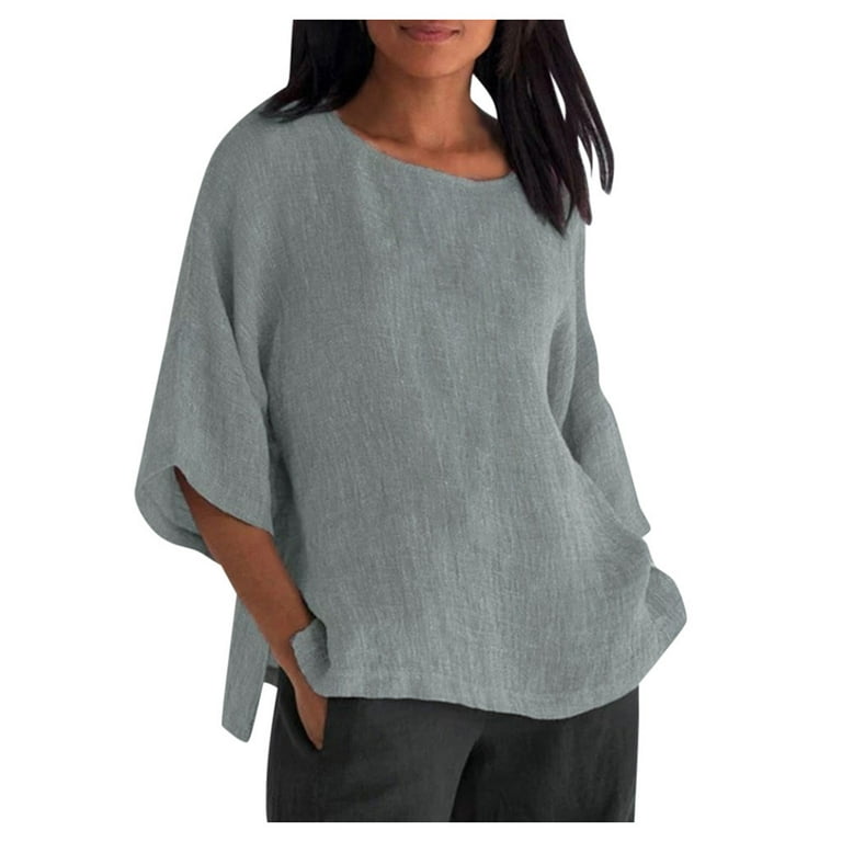 FAFWYP Womens Summer Casual Tops, Plus Size Women's Solid Loose Cropped  T-shirt 3/4 Sleeve Round Neck Cotton Linen Split Pullover Lightweight Basic  Blouse 
