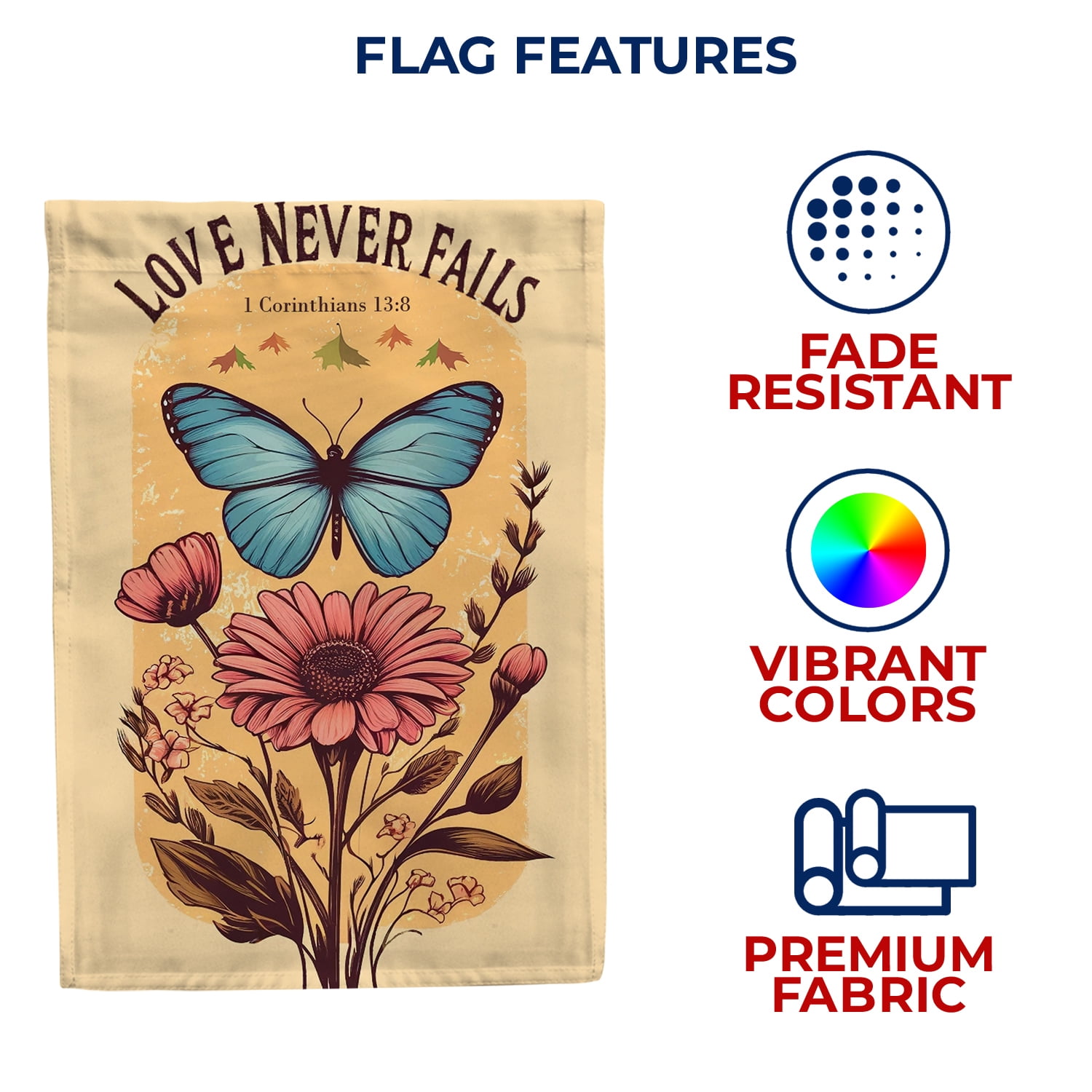 America Forever Bible Verse House Flag, 28 x 40 inch Double Sided, Love Never Fails,1 Corinthians 13:8, Scripture Bible Verse Outdoor Decor, Holiday Outside Decorations Yard Flag