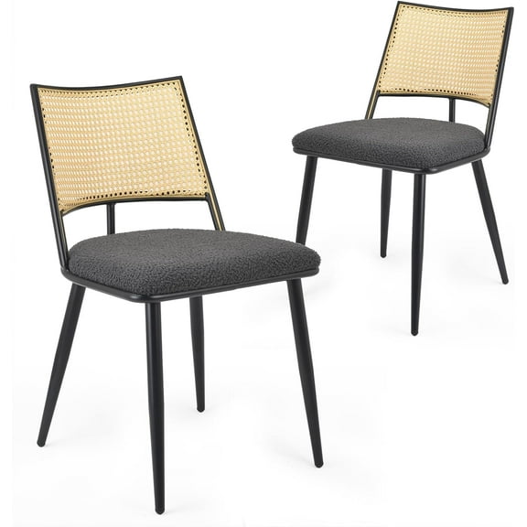 STARY Dining Chairs Set of 2, Mid-Century Modern Kitchen Chairs with Rattan Backrest & Metal Frame, Boucle Upholstered Accent Chairs for Dining Room, Kitchen, Living Room, Dark Grey