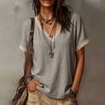 thumbnail image 4 of Diufon Cotton Linen Tops for Women Lace Trim V Neck Short Sleeve Shirts Summer Fashion Vacation Boho Blouses, 4 of 7