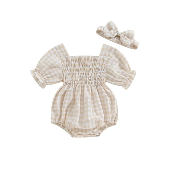 Sylvamorning Baby Girls Bubble Romper Short Sleeve Plaid Print Square Neck Smocked Bodysuit with Headband 3M 6M 9M 12M 18M Newborn Infant Cute Clothes for Casual Daily
