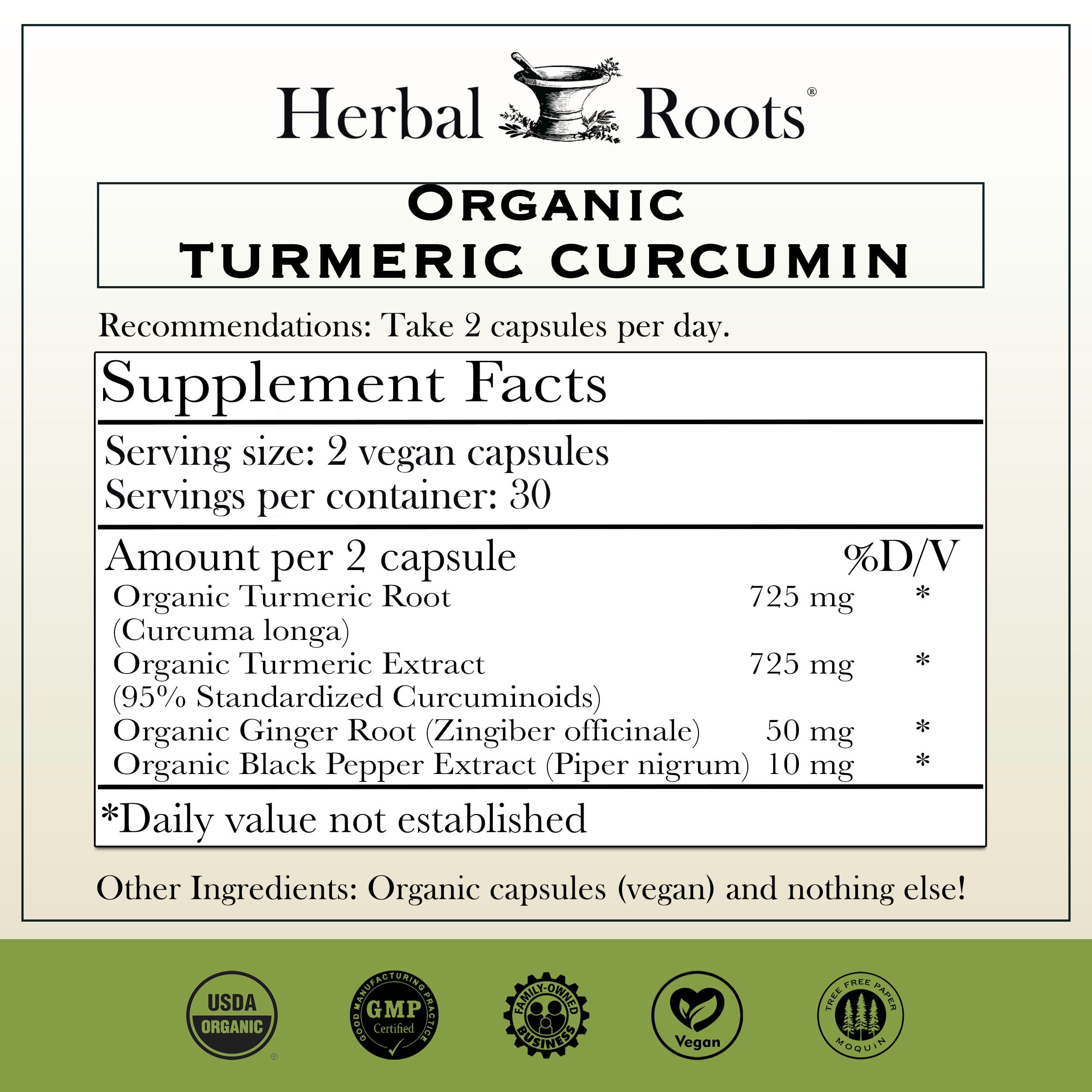 Herbal Roots Organic Turmeric Curcuminoids Supplement with Bioperine, 60 Vegan Capsules