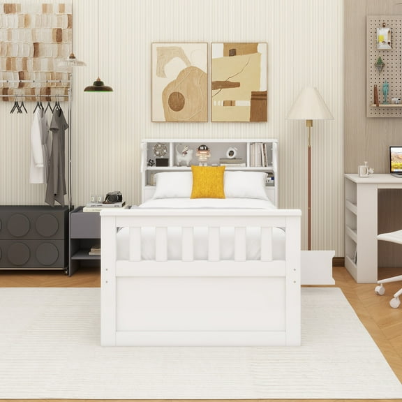 Twin Size Captain Platform Bed Frame with Storage Bookcases and Shelves,Four Drawers,White