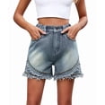 thumbnail image 3 of Women'S Mid Rise Denim Shorts Rivet Studded Ripped Frayed Raw Hem Hot Short Jeans Blue L, 3 of 10