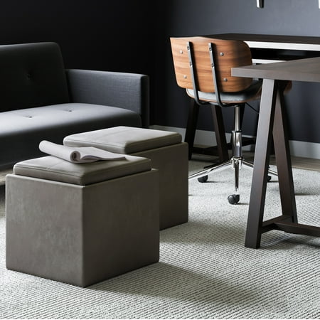 Simpli Home - Rockwood 17 inch Wide Contemporary Square Cube Storage Ottoman with Tray - Distressed Slate Gray