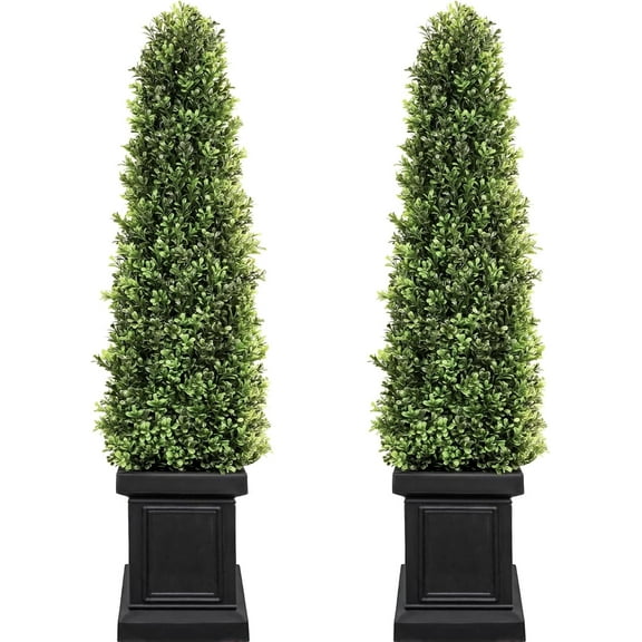 Boxwood Outdoor Topiary Set of 2, 3.5ft Tall Outdoor Porch Trees, All-Year Green Fake Plant Topiary Trees Artificial Outdoor with Sturdy Pot for Porch Outdoor Indoor (Square)