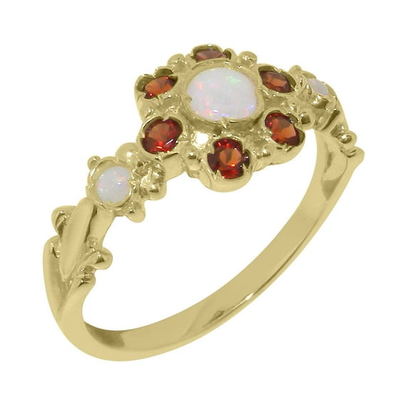 LBG British Made 18k Yellow Gold Real Genuine Opal & Garnet Womens Promise Ring - 33 size options - Size 5.75