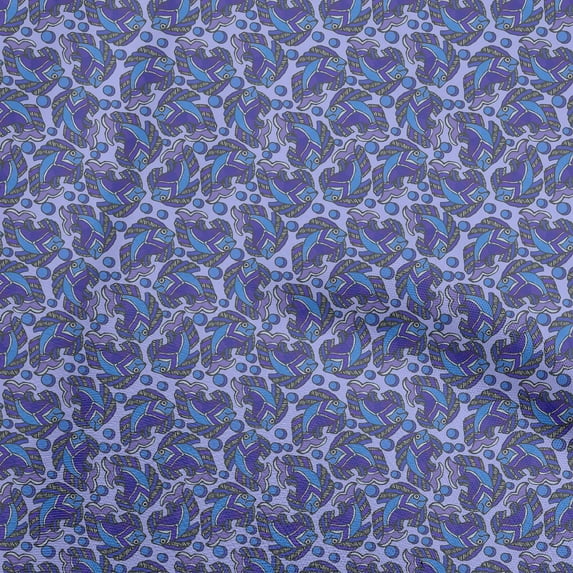 oneOone Cotton Poplin Twill Medium Blue Fabric Kalamkari Fish Diy Clothing Quilting Fabric Print Fabric By Yard 56 Inch Wide