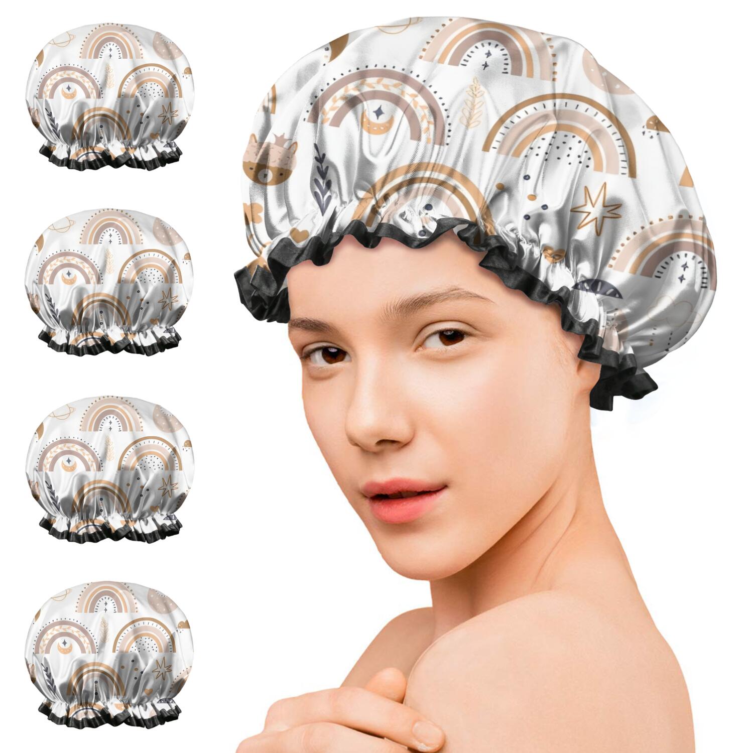 Shower Caps,White Boho Bohemia Rainbow Sun Moon Pattern Waterproof Shower Cap for Women 4 Pieces,Double Reusable Hair Cover for Shower PEVA Elastic Stretch Hem