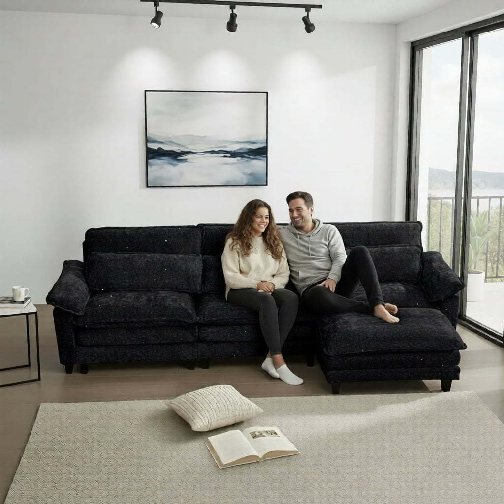 Howcool 113" Modular Sectional Sofa , 3 Seater L-Shaped Cloud Couch with Movable Ottoman, USB Charging Ports & Side Pockets, Sectional couchs for Living Room,Chenille Fabric,Black