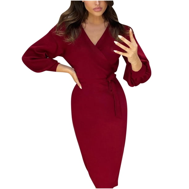 Moda mujer Color sólido elegante cinturón Delgado Color sólido manga larga vestido falda larga Pompotops qwe12617