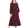 thumbnail image 2 of CYRBOKO Long Sleeve Dresses for Girls, Casual A-line Striped Loungewear Mid-Length Dresses Wine Size 14-15T, 2 of 6