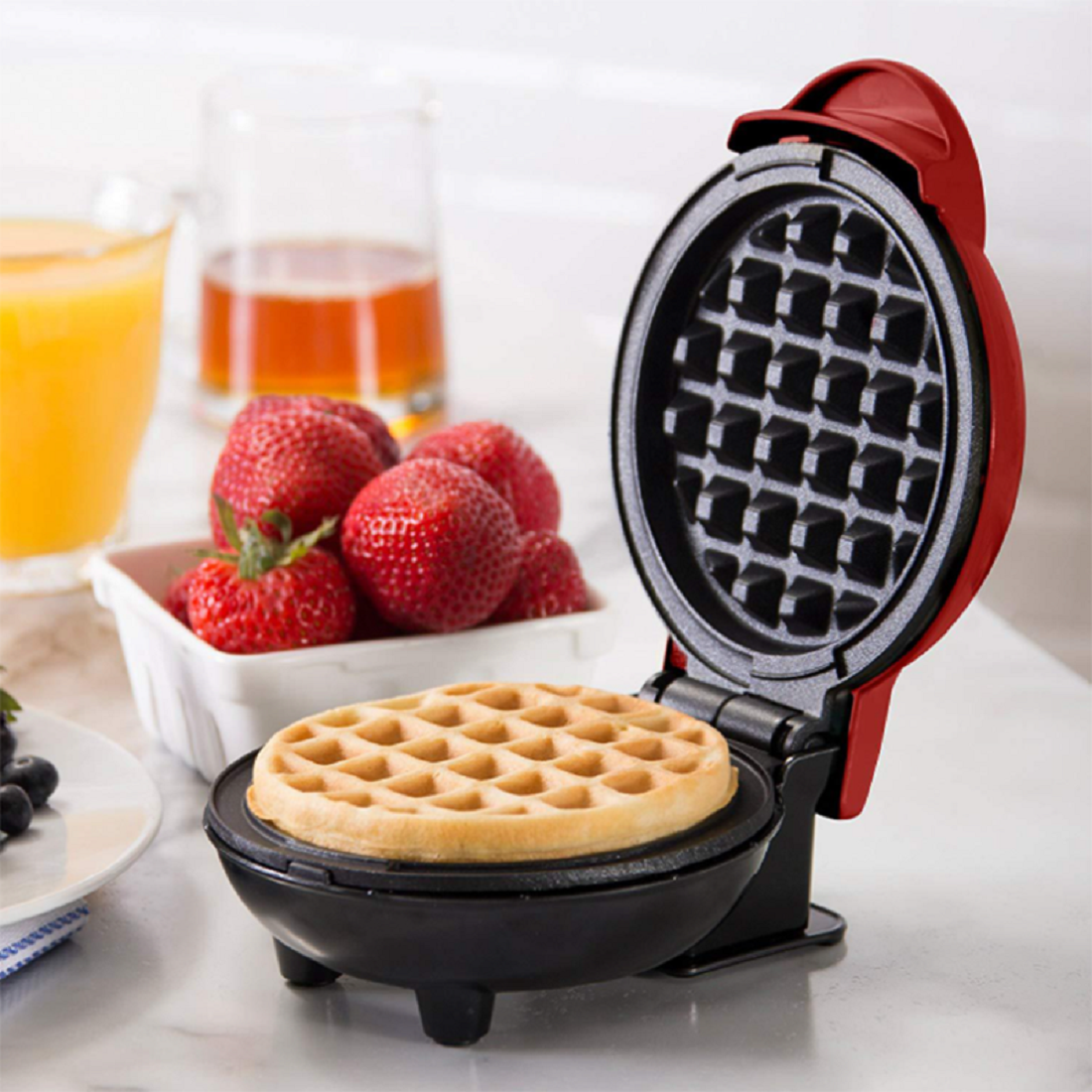 Waffle Maker Machine for Individuals, Paninis, Hash Browns,  Other On the  Go Breakfast, Lunch, or Snacks, with Easy to Clean, Non-Stick Sides,  Inch, Red