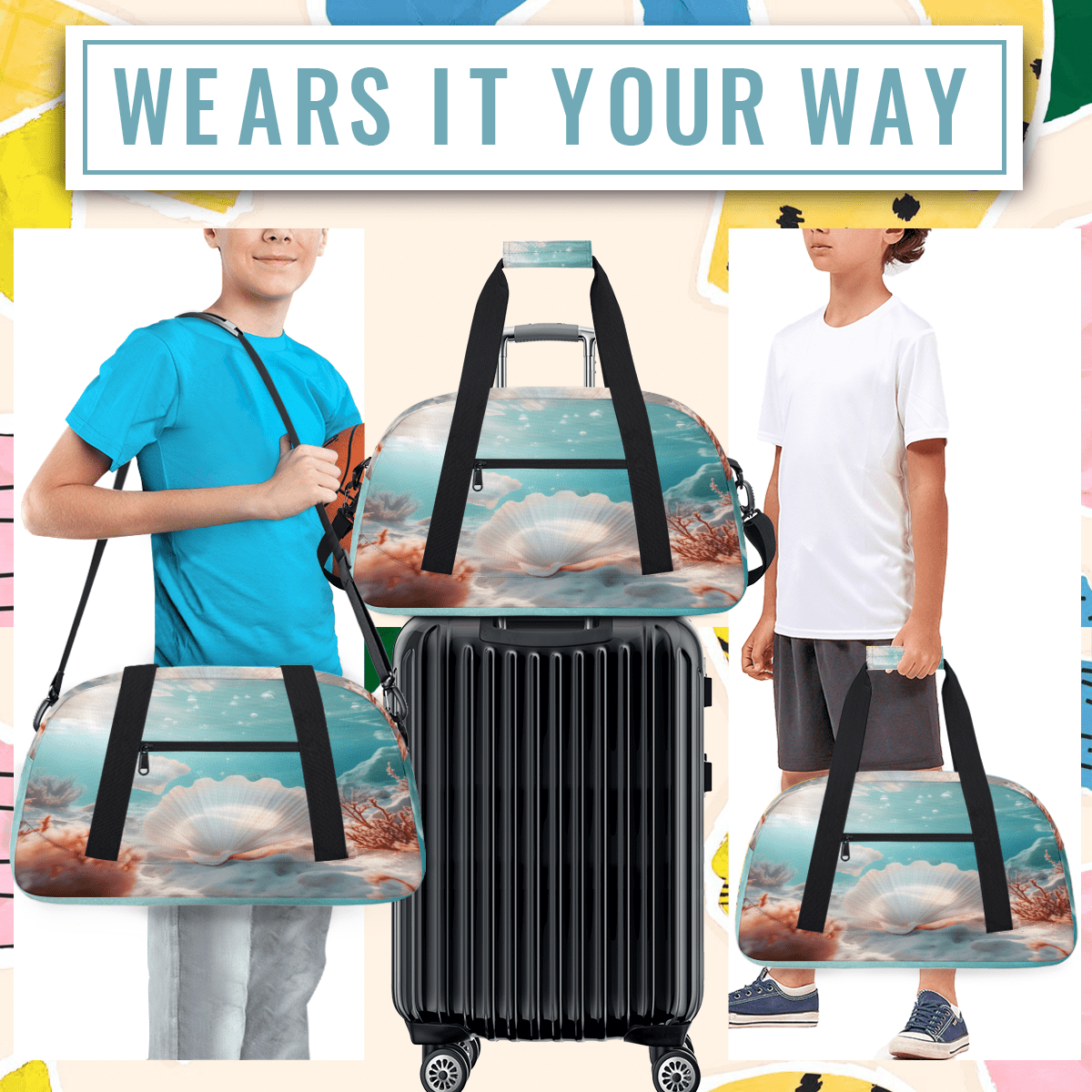 Herdesigns Nautical Coastal Sports Duffle Bag for Women & Men, Ocean Beach Seashell Gym Bag Dance Bag Overnight Bag Carry On Weekender Travel Bag