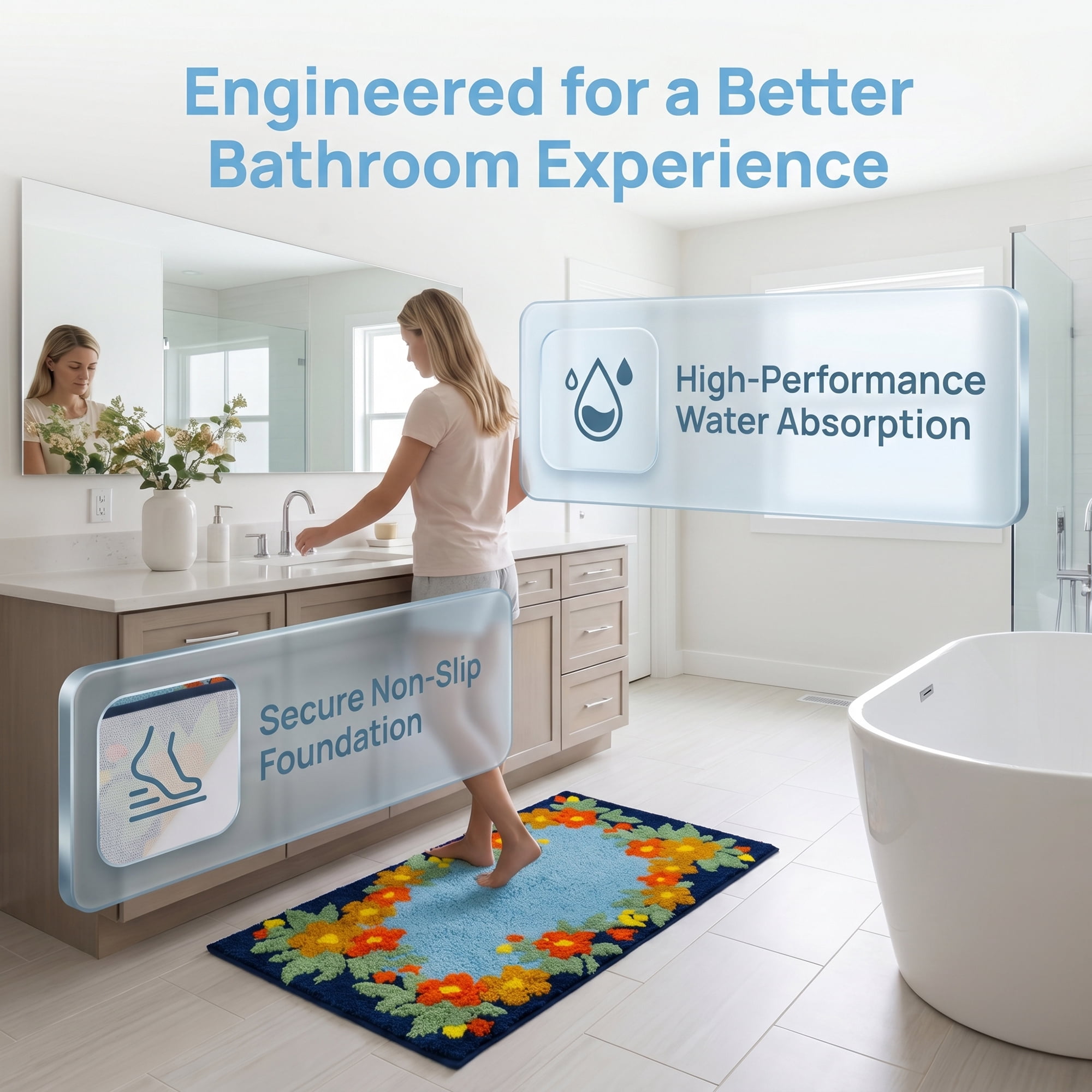 Unique Bargains Modern Printed Soft Absorbent Shaggy Bath Mat Non Slip Blue 32" x 20"