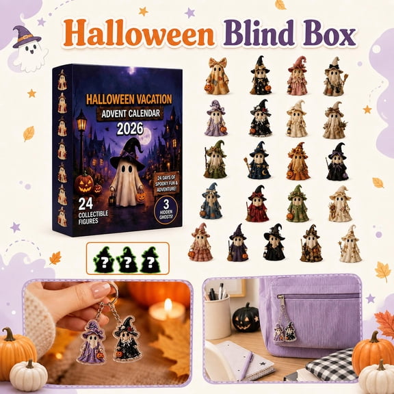Halloween Party Advent Box, Halloween Countdown Calendar 2026, 24 Pcs Acrylic Flat Halloween Figurine Blind Box with 3 Limited Hidden Designs, 10 Inch Hanging Ornament Pack for
