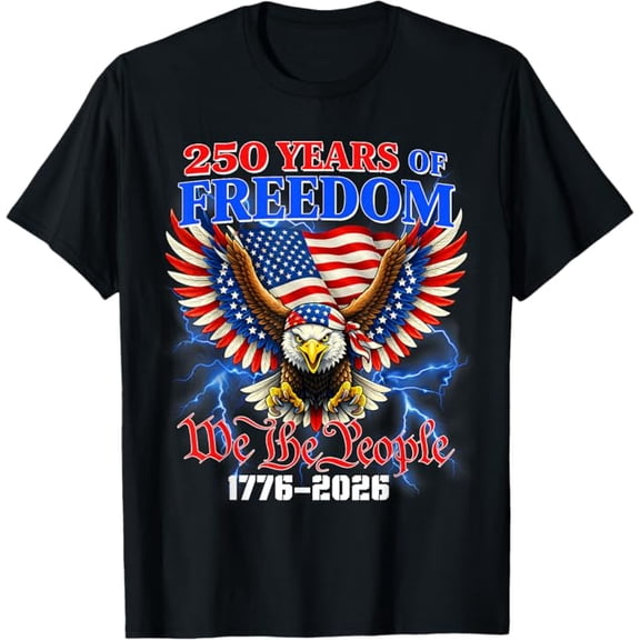 Vintage 250 Years American 1776-2026 T-Shirt with Eagle and Flag Design, Patriotic Lightning Effects