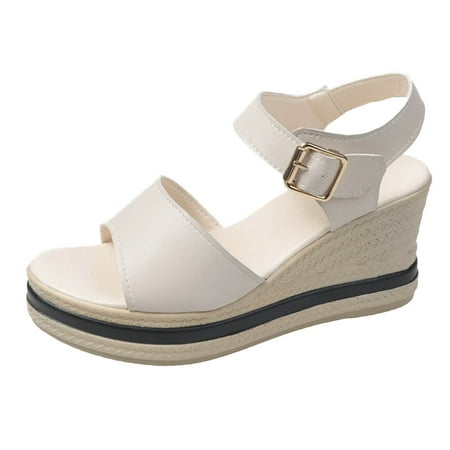 

new home gifts for home Ladies Shoes Thick Sole Wedge Heel Fish Mouth Breathable Buckle Strap Sandals Pu Beige