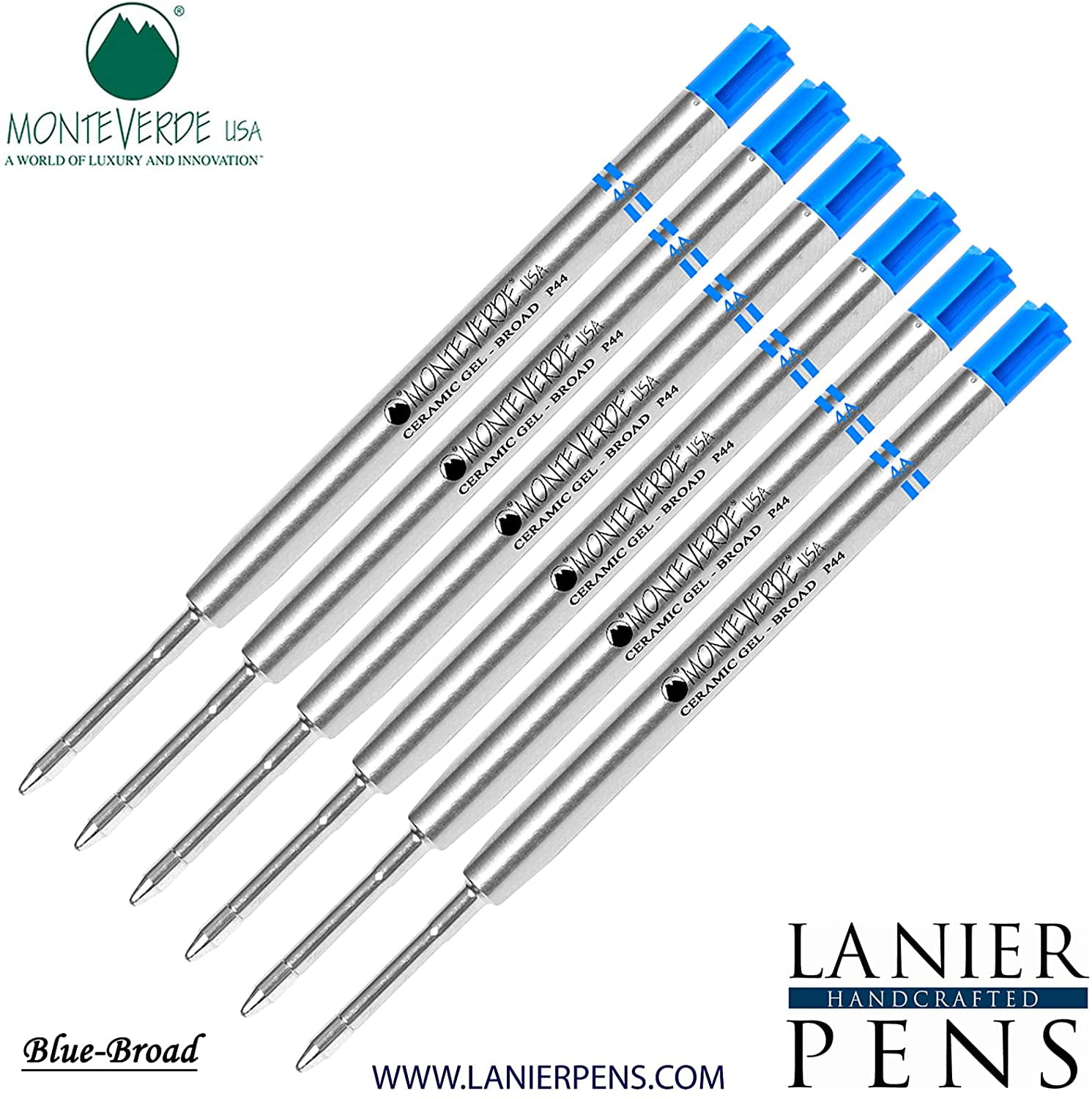 Lanier Combo Pack - 6 Pack - Monteverde Capless Ceramic Gel P44 Ink Refill Compatible with most Parker Style Ballpoint Pens - Blue (Broad Tip 0.9mm)