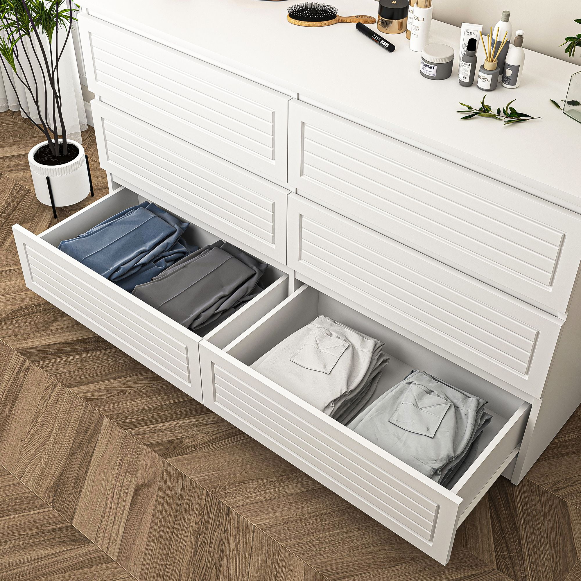 Demi Bonn 6-Drawer Double Dresser for Bedroom, 47" Chest of Drawers with Hidden Handle Wood Stripe Pattern Drawer Fronts, Modern Bedroom Furniture, White