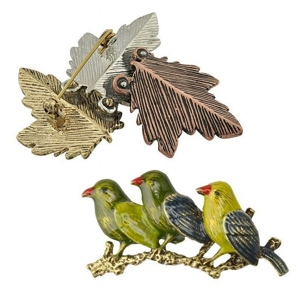 Pin de broche de pájaro esmaltado vintage de 2 piezas Pin de arce en tono dorado Salvador Broche de pájaro esmaltado