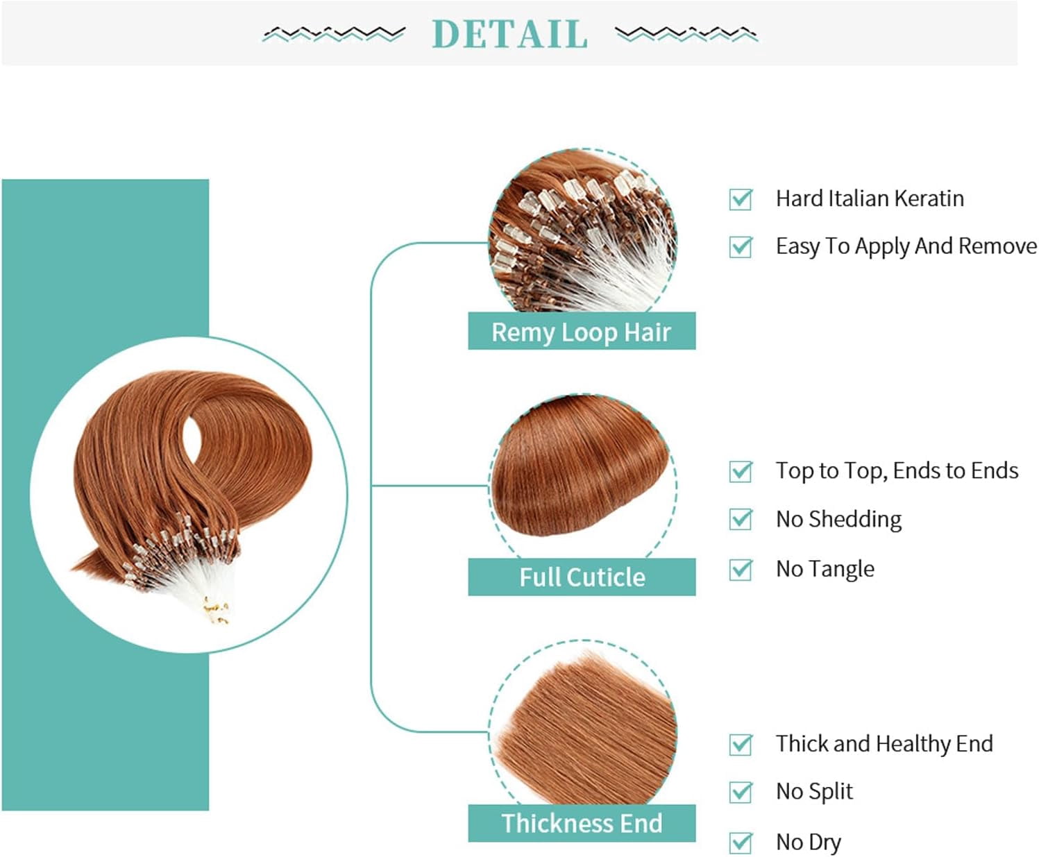 Aorsher Microlink Hair Extensions Human Hair Micro Beads Hair Extensions Remy Hair 20Inch Virgin Straight Micro Loop Hair Extensions for Women 100Strands 50g Auburn