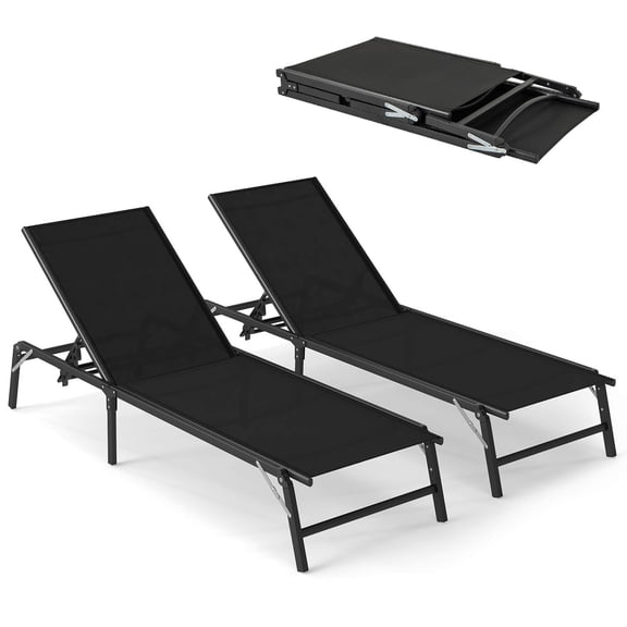 2 PCS Reclining Lounge Chairs Folding Patio Recliner Chair w/5-position Backrest
