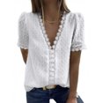 thumbnail image 1 of Women Dots Print Lace Splicing Short Sleeve V Neck Solid Color Shirt, 1 of 6