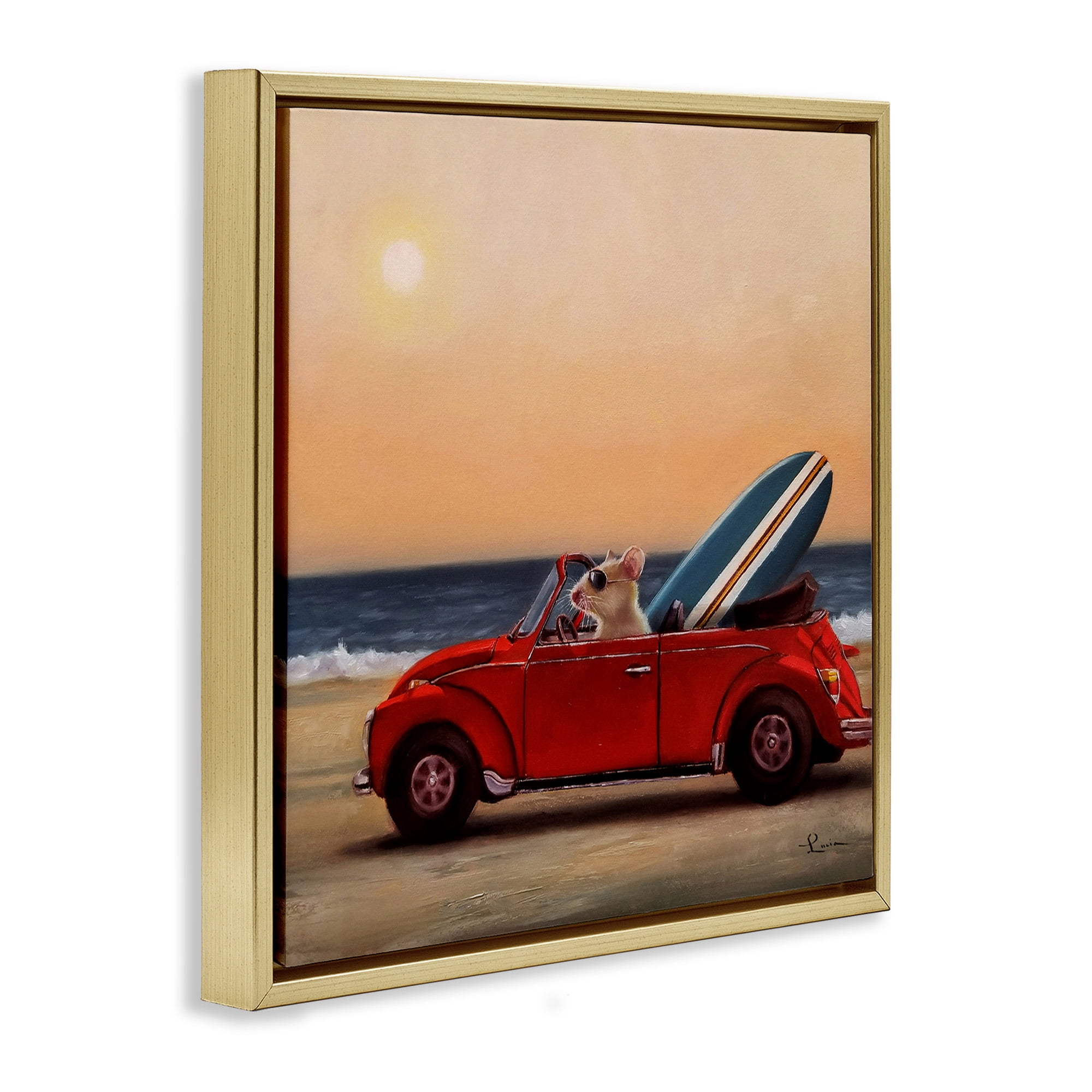 Stupell Industries Mouse Beach Coast Cruise Animals & Insects Painting Gold Floater Framed Canvas Art Print Wall Art, 25 x 25