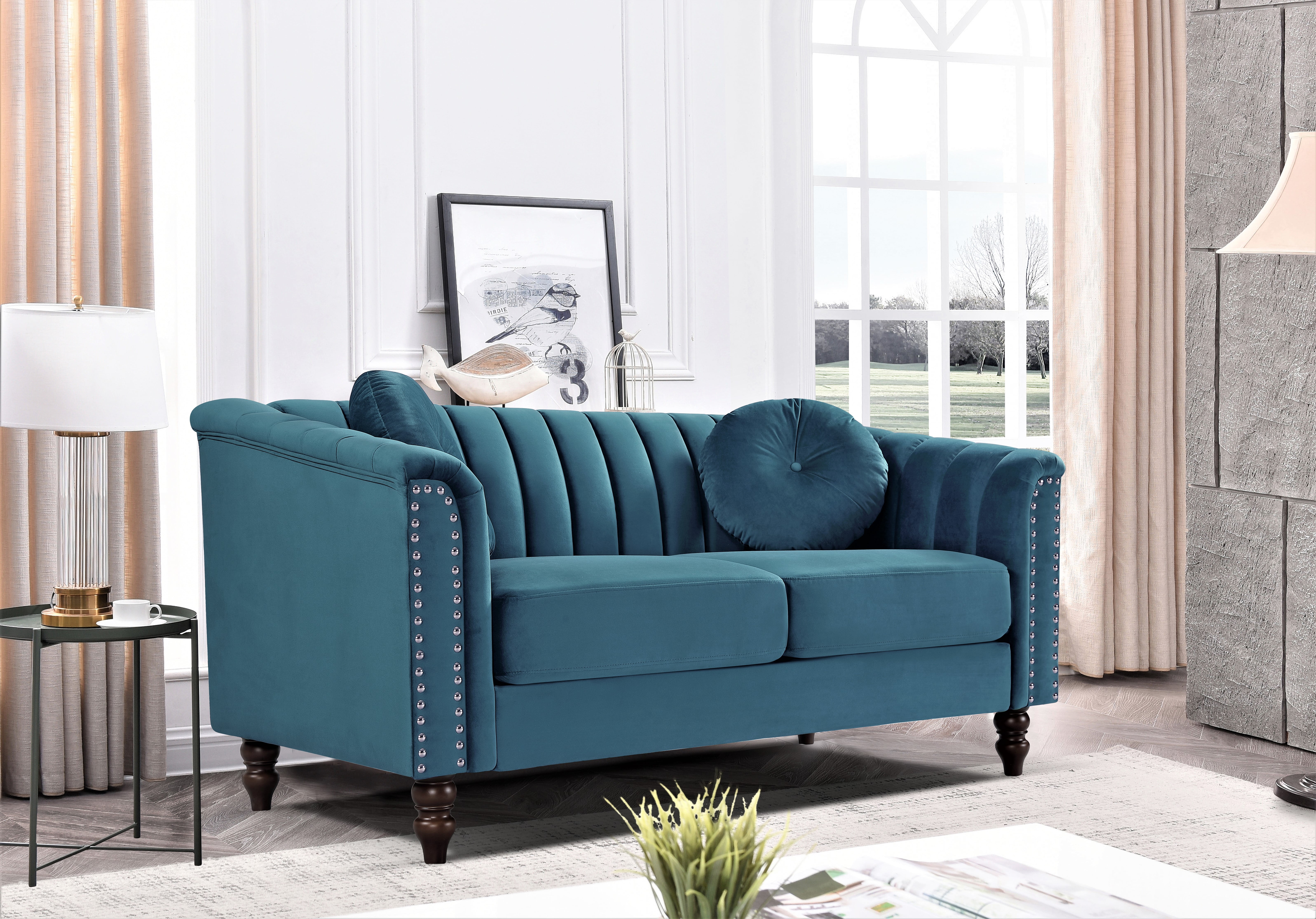 US PRIDE FURNITURE Hills Tufted Back Nailhead 61.4'' Loveseat-Blue Green