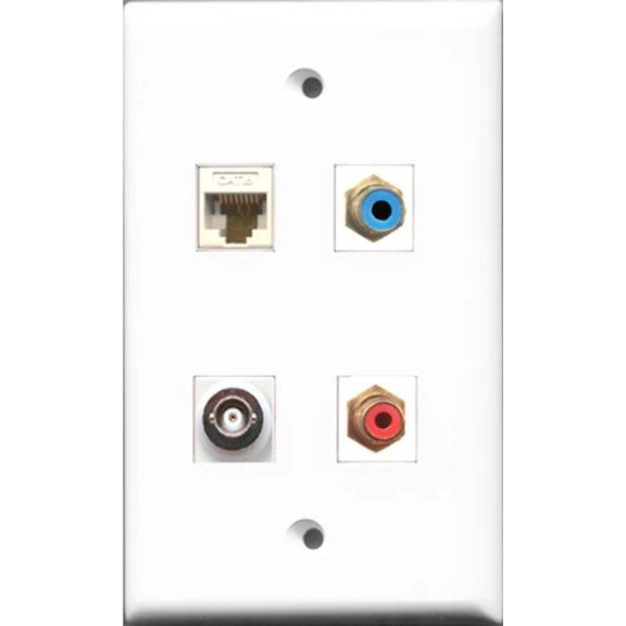 RiteAV 1 Port RCA Red and 1 Port RCA Blue and 1 Port BNC and 1 Port Cat6 Ethernet White Wall Plate