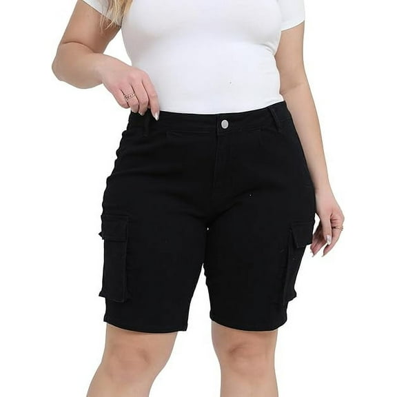 Gocolloa Womens Plus Size Jean Shorts Stretchy Cargo Bermuda Shorts High Waisted Y2k Denim Shorts Black 22W