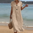 thumbnail image 2 of SAWOBUUN Women Linen Midi Dress Short Sleeve V Neck Loose Casual Tunic Dresses Summer Beach Vacation Daily Dress, 2 of 6