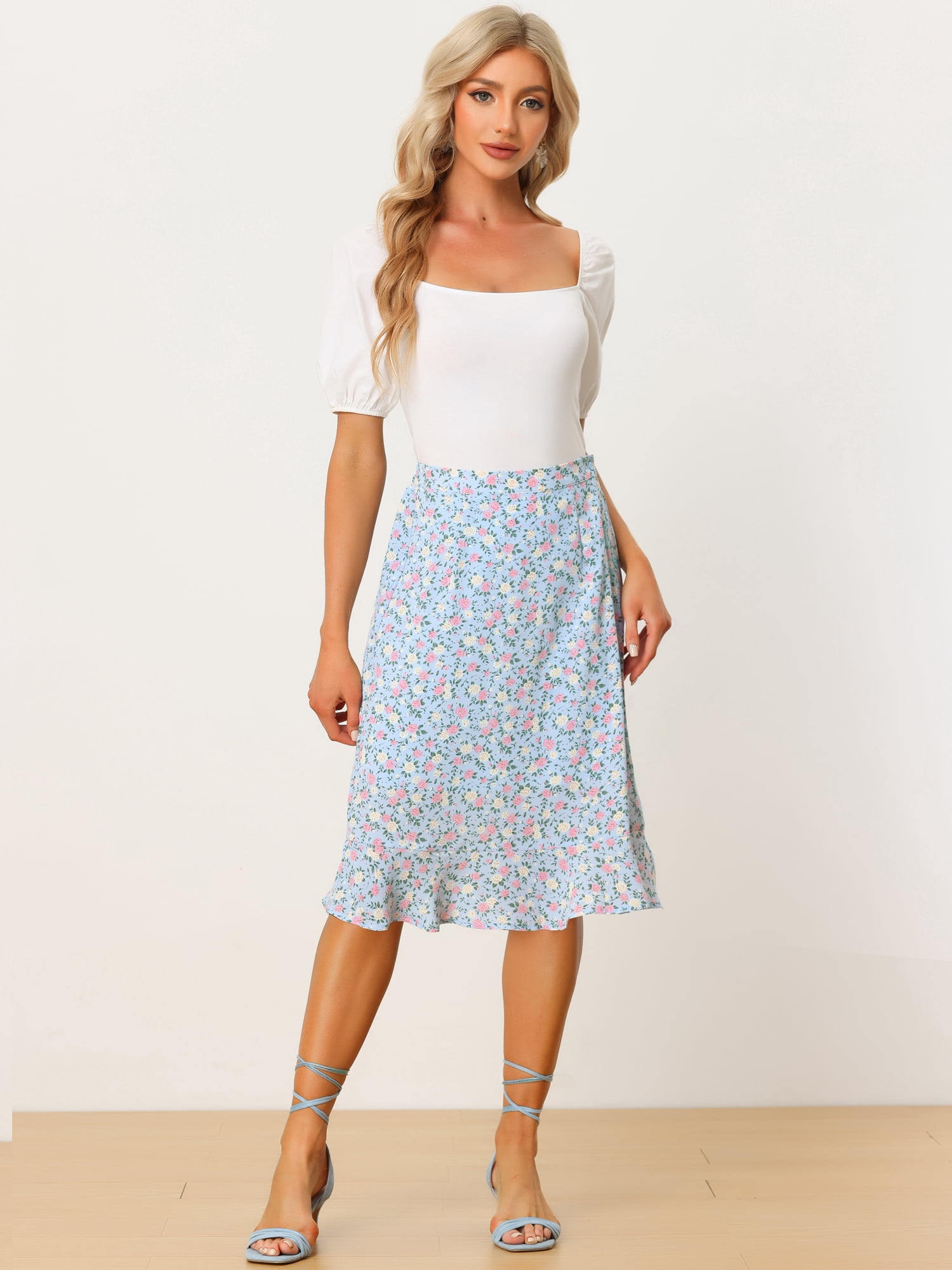 DARING DIVA Women's Floral Ruffle Hem Elastic Back Split Skirt L Light Blue