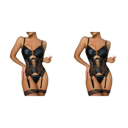 2 Pack Lingerie For Women 3 PC Leather Teddy Bodysuit Lingerie Cutout Off Shoulder Conjoined PU Lace Up Garter Teddy Bodysuit With 1pair Leg Ring Sheer Lingerie Robe for Women Push up Bra Lingerie