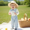 thumbnail image 2 of Infant Baby Boys 2 Piece Formal Fall Outfit, Long Sleeve Shirt Gingham Suspender Pants Gentle Suit For Wedding First Birthday Party for 3 6 9 12 18 Months,Light Blue,9-12 Months, 2 of 9