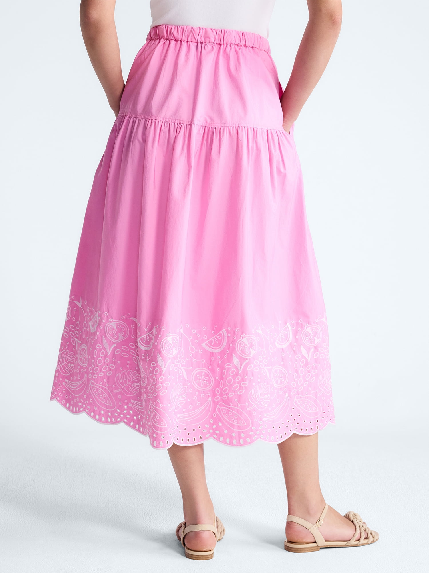 Free Assembly Women's Tie Waist Embroidered Cotton Midi Skirt, Sizes XS-XXL