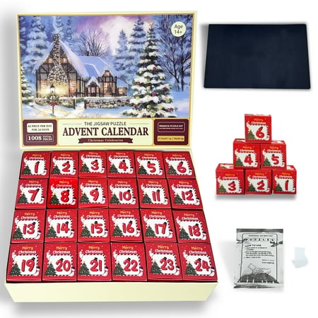 Advent Calendar 2023 Christmas Jigsaw Puzzles Kit, 24 Days Surprise Christmas Countdown Calendars for Kids Adults, Include 1008 Pieces Jigsaw Puzzles, Puzzle Mat and Glue with Scrapper, Christmas Gift
